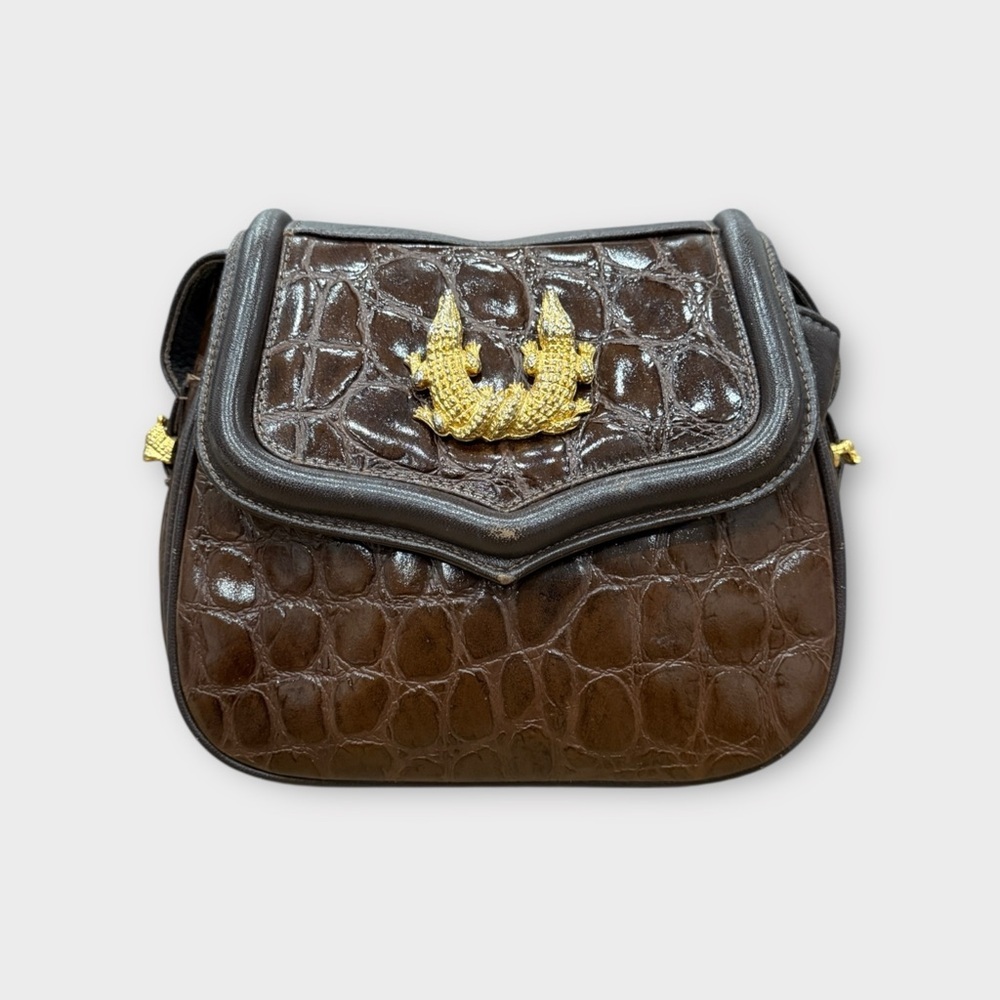 80s Vintage Croc-Embossed Leather Crossbody with Gold Hardware – Statement Bag